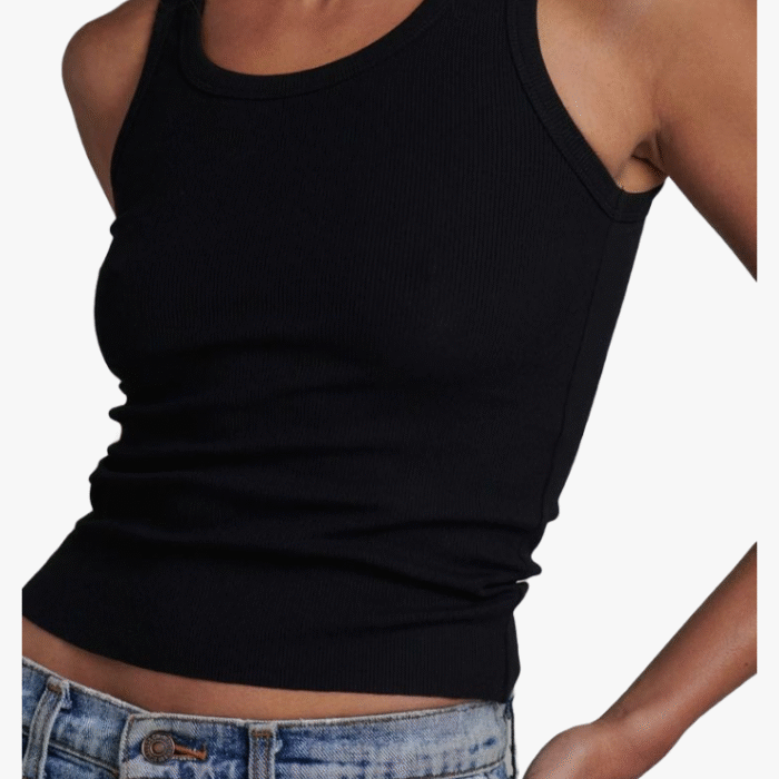 Mesh Ader Ribbed Tank Top – Black